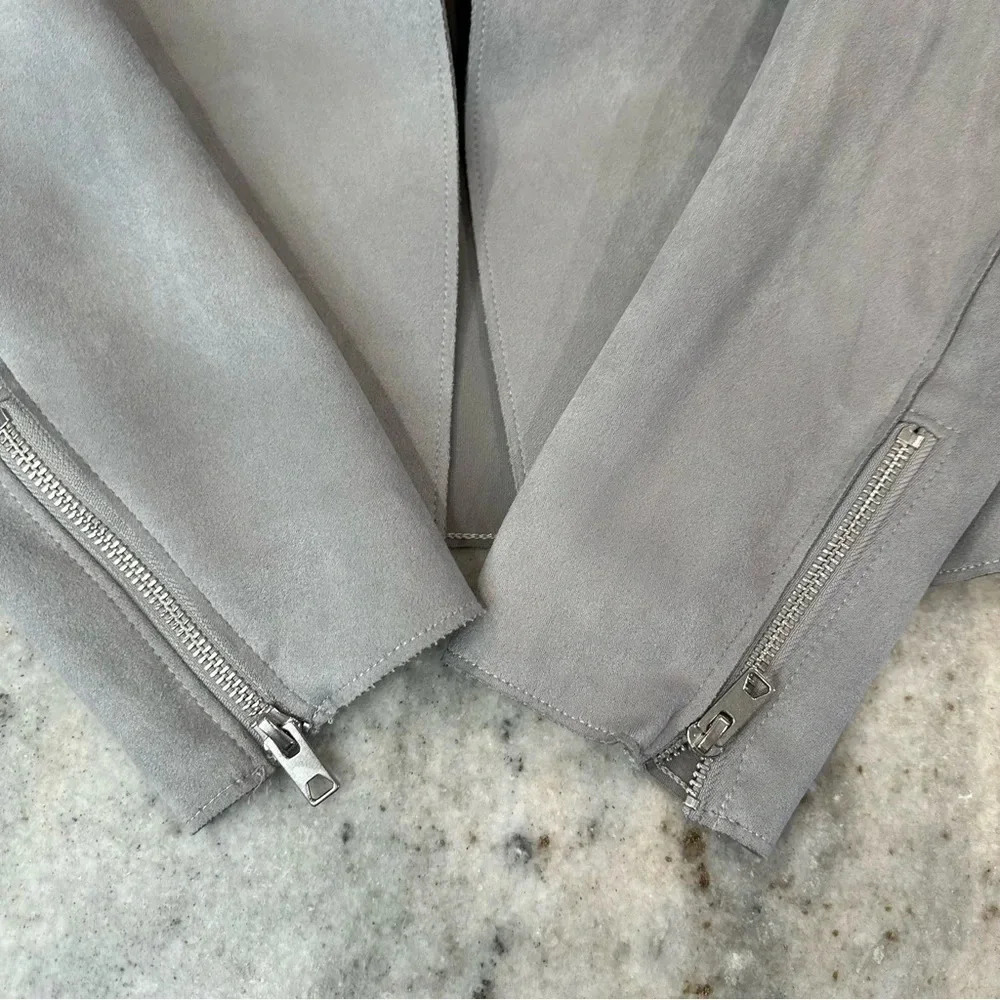 H&M Faux Suede Pocket Zippered Sleeve Gray Moto Jacket Size 4 - Picture 4 of 12